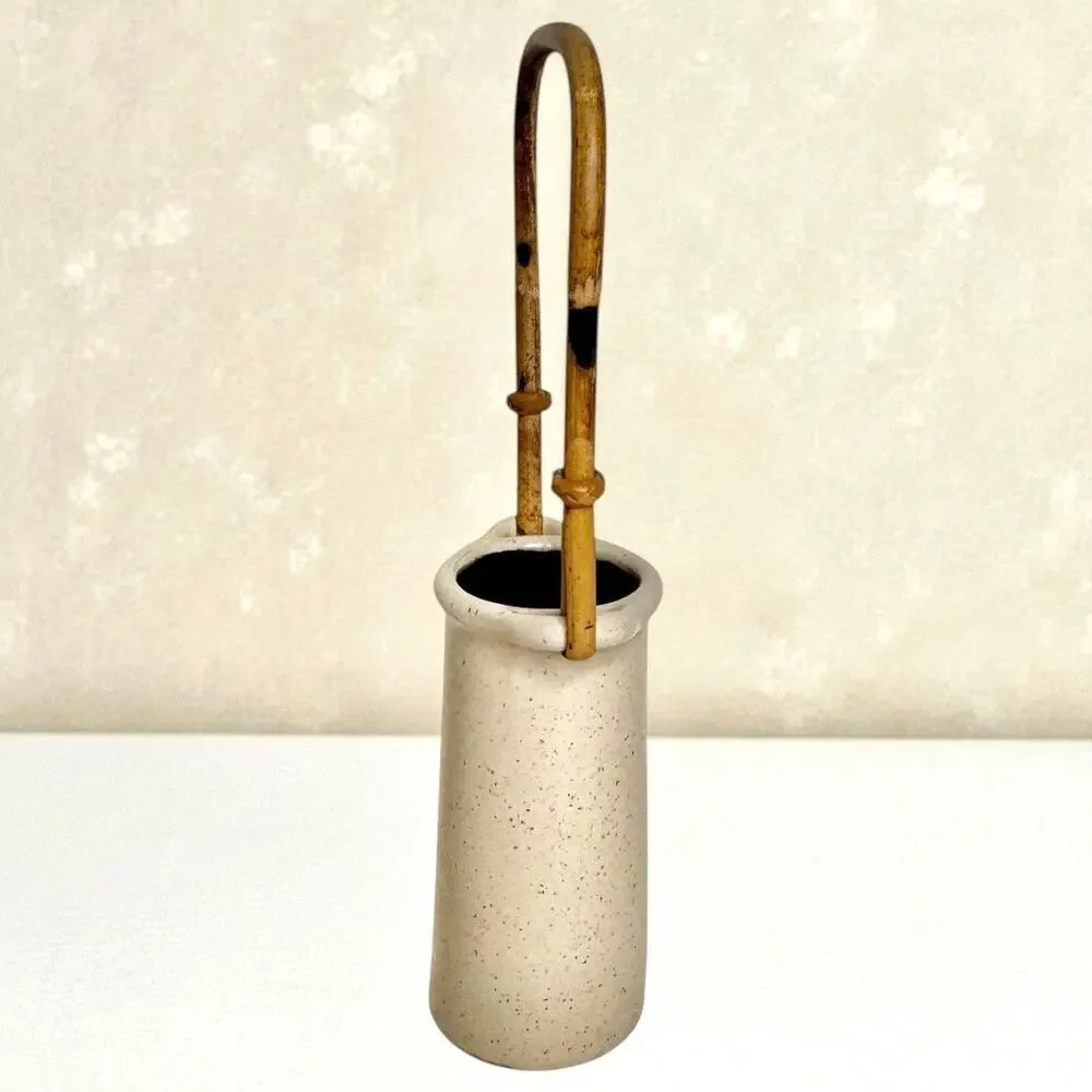 Vase Studio Art Pottery Speckled Stoneware Rattan Handle Organic Basket Decor
